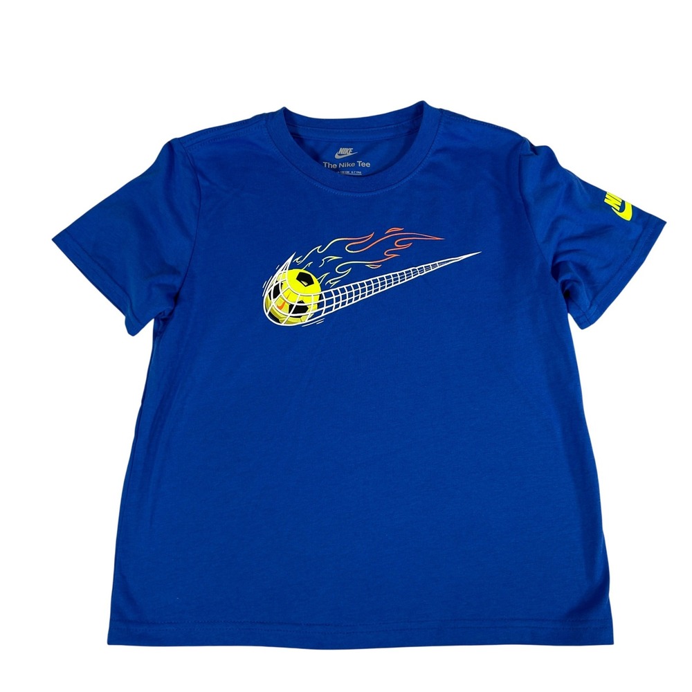Nike Boys Game Royal Blue Flaming Soccer Ball‎ Graphic T-Shirt Size 7 86N853-U89